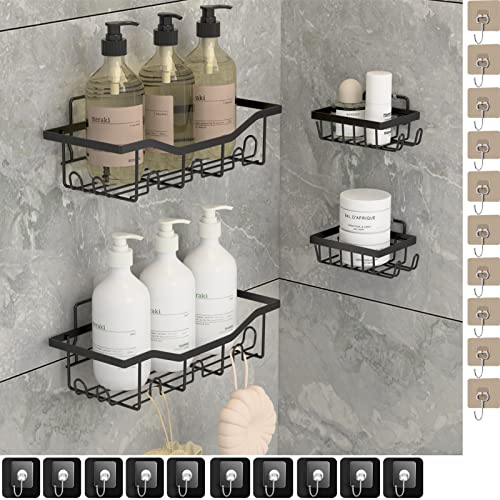 JIANGBAI 24-Pack,Shower Caddy Shelf Organizer Rack with Soap Dish Holder, Adhesive Shower Organizer No Drilling,Rack Wall Mounted Shower Shelves, Self Adhesive Hook (black)