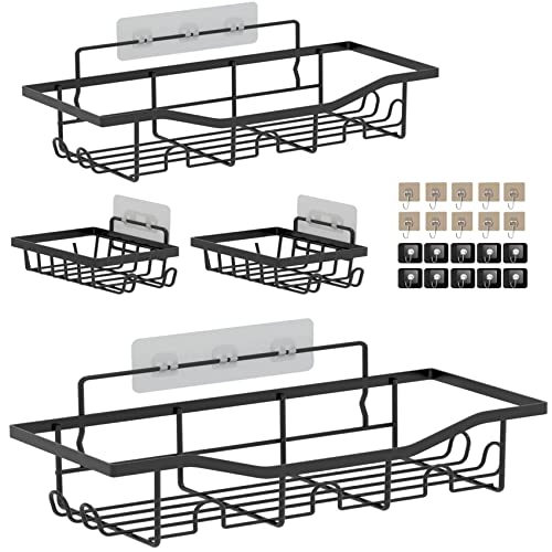 JIANGBAI 24-Pack,Shower Caddy Shelf Organizer Rack with Soap Dish Holder, Adhesive Shower Organizer No Drilling,Rack Wall Mounted Shower Shelves, Self Adhesive Hook (black)