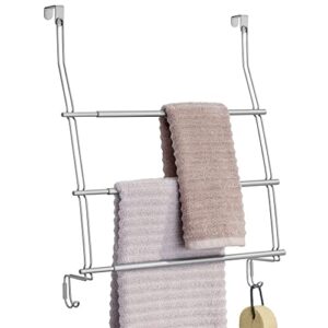mdesign expandable metal over shower door towel rack for bathroom - 3-tier organizer with 2 large hooks - holder for hand/bath towels, washcloths, loofahs, sponges - trinity collection -chrome