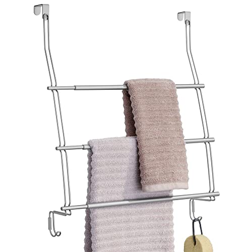 mDesign Expandable Metal Over Shower Door Towel Rack for Bathroom - 3-Tier Organizer with 2 Large Hooks - Holder for Hand/Bath Towels, Washcloths, Loofahs, Sponges - Trinity Collection -Chrome