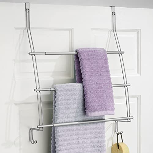 mDesign Expandable Metal Over Shower Door Towel Rack for Bathroom - 3-Tier Organizer with 2 Large Hooks - Holder for Hand/Bath Towels, Washcloths, Loofahs, Sponges - Trinity Collection -Chrome