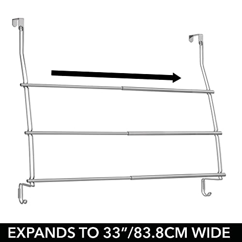 mDesign Expandable Metal Over Shower Door Towel Rack for Bathroom - 3-Tier Organizer with 2 Large Hooks - Holder for Hand/Bath Towels, Washcloths, Loofahs, Sponges - Trinity Collection -Chrome