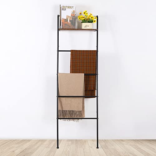 Blanket Ladder Towel Ladder, Wall Leaning Metal Blanket Ladders with Shelf for The Living Room, Black Towel Ladder Rack for Bathroom