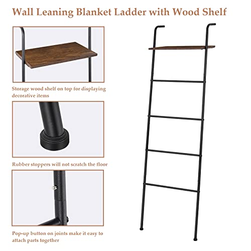 Blanket Ladder Towel Ladder, Wall Leaning Metal Blanket Ladders with Shelf for The Living Room, Black Towel Ladder Rack for Bathroom