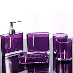 Bathroom Accessory Set, 5 PCs Acrylic Home Bathroom Designer with Bath Cup Bottle Toothbrush Holder Soap Dish for Home Hotel Train Travel, Dark Purple