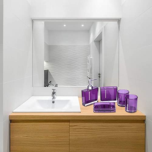 Bathroom Accessory Set, 5 PCs Acrylic Home Bathroom Designer with Bath Cup Bottle Toothbrush Holder Soap Dish for Home Hotel Train Travel, Dark Purple