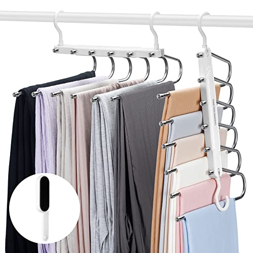 DOCEPERT Pants Hangers Space Saving -Upgrade 6 Layers Pants Hangers for Closet Organizer -Jean Hangers Skirt Hangers Scarf Hanger Leggings Hanger Closet Space Saving Hangers(2 Pack) (White)