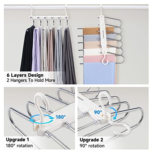 DOCEPERT Pants Hangers Space Saving -Upgrade 6 Layers Pants Hangers for Closet Organizer -Jean Hangers Skirt Hangers Scarf Hanger Leggings Hanger Closet Space Saving Hangers(2 Pack) (White)