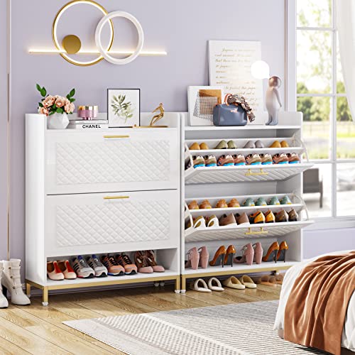 Tribesigns Shoe Cabinet Tipping Bucket Shoe Storage Cabinet with 2 Flip Drawers & Open Shelf, Freestanding Wooden Shoe Rack Modern Shoe Organizer for Entryway, Bedroom, Small Space (White & Gold)