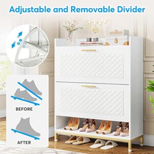 Tribesigns Shoe Cabinet Tipping Bucket Shoe Storage Cabinet with 2 Flip Drawers & Open Shelf, Freestanding Wooden Shoe Rack Modern Shoe Organizer for Entryway, Bedroom, Small Space (White & Gold)