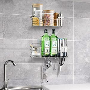 Shower Caddy Baskets with Removable Hooks Shelf Organizer Storage for Shampoo Conditioner Sponge Holder Shower Shelf Basket Kitchen Bathroom Organizer No Drilling Wall Mounted SUS304 Stainless Steel