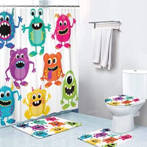 lokmu 4 pcs shower curtain sets with non-slip rugs, toilet lid cover and bath mat,cartoon fluffy monsters cute little kid waterproof shower curtain with 12 hooks, bathroom decor sets, 72" x 72"