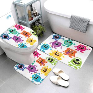 LOKMU 4 Pcs Shower Curtain Sets with Non-Slip Rugs, Toilet Lid Cover and Bath Mat,Cartoon Fluffy Monsters Cute Little Kid Waterproof Shower Curtain with 12 Hooks, Bathroom Decor Sets, 72" x 72"