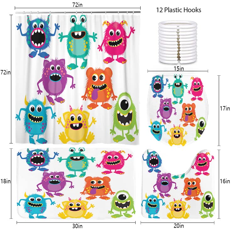 LOKMU 4 Pcs Shower Curtain Sets with Non-Slip Rugs, Toilet Lid Cover and Bath Mat,Cartoon Fluffy Monsters Cute Little Kid Waterproof Shower Curtain with 12 Hooks, Bathroom Decor Sets, 72" x 72"