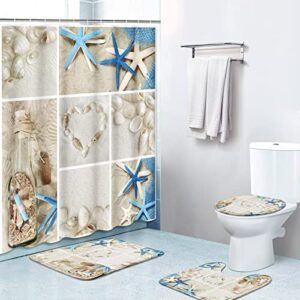 4 piece shower curtain sets, with 12 hooks, collage beach summer seashells sea shell with non-slip rugs, toilet lid cover and bath mat, durable and waterproof, for bathroom decor set, 72" x 72"