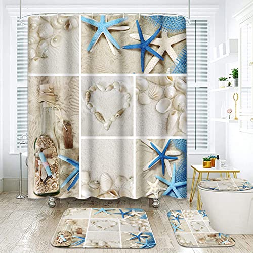 4 Piece Shower Curtain Sets, with 12 Hooks, Collage Beach Summer Seashells Sea Shell with Non-Slip Rugs, Toilet Lid Cover and Bath Mat, Durable and Waterproof, for Bathroom Decor Set, 72" x 72"