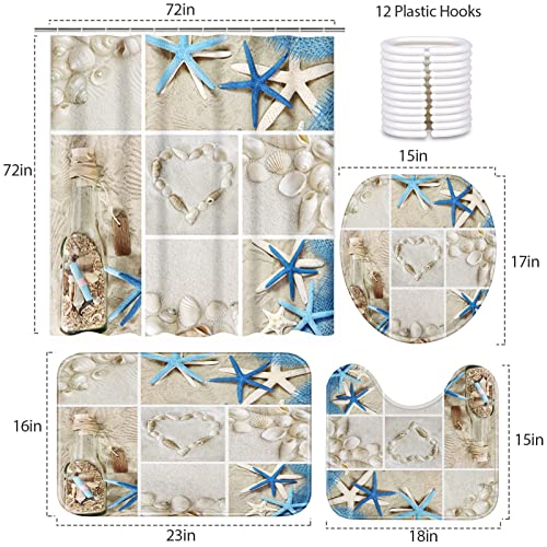 4 Piece Shower Curtain Sets, with 12 Hooks, Collage Beach Summer Seashells Sea Shell with Non-Slip Rugs, Toilet Lid Cover and Bath Mat, Durable and Waterproof, for Bathroom Decor Set, 72" x 72"