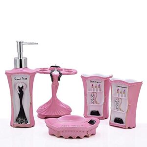 luant 5 piece bathroom accessories set, collection bath set features soap dispenser, toothbrush holder, tumbler, & soap dish (pink)