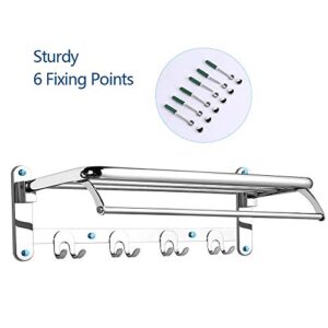 HOONEX Foldable Towel Rack for Bathroom Wall Mounted, 24-Inch Towel Shelf with Towel Hooks and Adjustable Towel Bar, 304 Stainless Towel Holder, Polished Silver