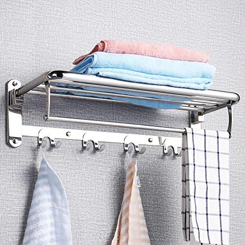 HOONEX Foldable Towel Rack for Bathroom Wall Mounted, 24-Inch Towel Shelf with Towel Hooks and Adjustable Towel Bar, 304 Stainless Towel Holder, Polished Silver
