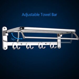 HOONEX Foldable Towel Rack for Bathroom Wall Mounted, 24-Inch Towel Shelf with Towel Hooks and Adjustable Towel Bar, 304 Stainless Towel Holder, Polished Silver