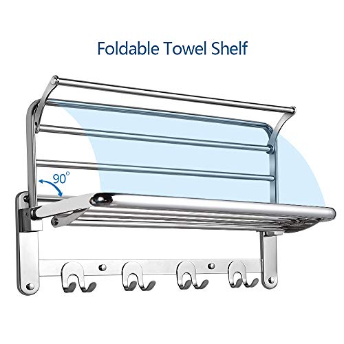 HOONEX Foldable Towel Rack for Bathroom Wall Mounted, 24-Inch Towel Shelf with Towel Hooks and Adjustable Towel Bar, 304 Stainless Towel Holder, Polished Silver