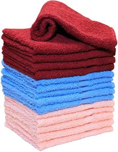 super soft small cotton towels - 15 pack wash cloths - burgundy, blue and pink