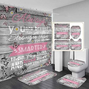 aatter 4 piece pink and grey shower curtain set inspirational quotes girls kids motivational women 60wx72l curtains decor with non-slip rugs, toilet lid cover and bath mat bathroom accessories, rustic