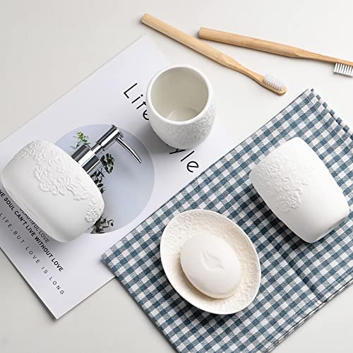 Bathroom Accessories Set with Embossed Design 4PCS, Ceramic White Bathroom Accessory Set, 1Pcs Bathroom Soap Dispenser 14oz, 2Pcs Tumbler Cup, 1Pcs Soap Dish, ANTIS'S HOME