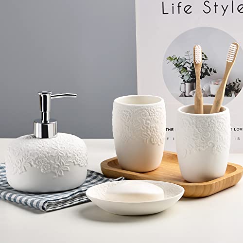 Bathroom Accessories Set with Embossed Design 4PCS, Ceramic White Bathroom Accessory Set, 1Pcs Bathroom Soap Dispenser 14oz, 2Pcs Tumbler Cup, 1Pcs Soap Dish, ANTIS'S HOME