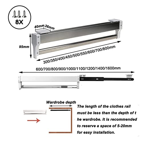 Retractable Hanger Rod Adjustable 30-80cm Closet Hanger Rod, Household Trousers Rod Aluminum Alloy Clothes Rail Slide Rail, Load-bearing 25 Kg (Size : 450mm/17.7inch)