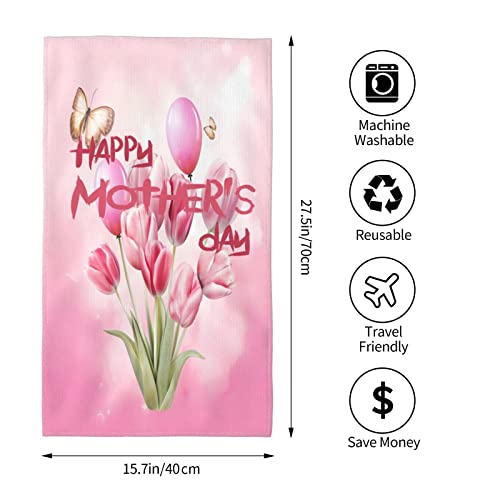 Heantstoy Happy Mother's Day Watercolor Pink Tulips Hand Towel Soft Bath Towel Kitchen Tea Dish Towels Bathroom Decorations Housewarming Gifts 27.5in X 15.7in