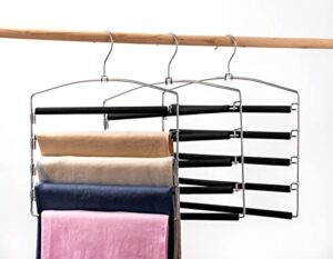 arekuaei pants hangers non slip space saving hangers multi-layer swing arm pants hanger stainless steel space saver hangers for pants jeans scarf trouser tie towel clothes (3 pack black)