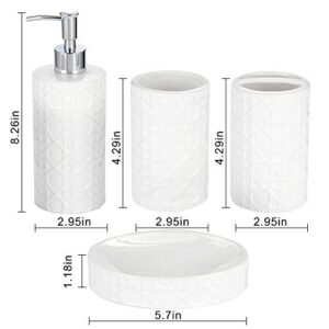 CAA'S Bathroom Accessories Set Ceramic 4 Pieces Bathroom Ensemble for Bath Decor Includes Lotion Dispenser Toothbrush Holder Tumbler Soap Dish (White Netting)