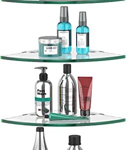 VeeCano 4 Pack Glass Corner Shower Shelf Bathroom Corner Shelves Wall Mounted Tempered Glass Shower Caddy Corner Shelf for Inside Tile Shower Organizer Shampoo Bottle Holder 9.4" R