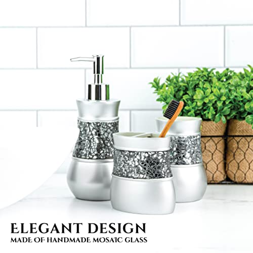 Creative Scents Silver Bathroom Accessories Set complete - Decorative Crackled Glass 6 Piece Bathroom Set Features: Trash Can, Tissue Box Cover, Soap Dispenser, Toothbrush Holder, Soap Dish, & Tumbler