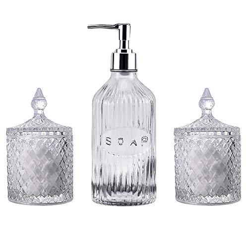 Magcolor Glass Jar Bathroom Accessories Set - Hand Soap Dispenser and Qtip Holder Set 3 pc