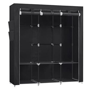 songmics portable closet, wardrobe closet organizer with cover, 3 hanging rods and shelves, 4 side pockets, 51.2 x 17.7 x 65.7 inches, large capacity for bedroom, living room, black uryg092b02