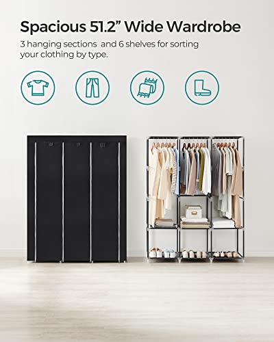 SONGMICS Portable Closet, Wardrobe Closet Organizer with Cover, 3 Hanging Rods and Shelves, 4 Side Pockets, 51.2 x 17.7 x 65.7 Inches, Large Capacity for Bedroom, Living Room, Black URYG092B02