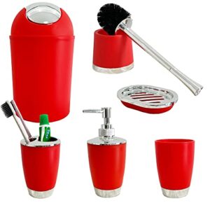 besaset Bathroom Accessories Set 6 Pieces Plastic Bathroom Accessories Toothbrush Holder, Rinse Cup, Soap Dish, Hand Sanitizer Bottle, Waste Bin, Toilet Brush with Holder (RED)