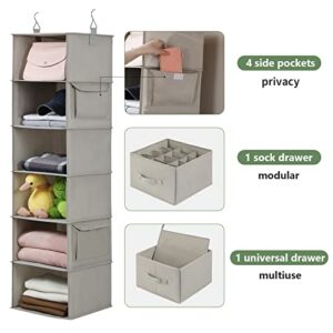 Vailando 6-Shelf Hanging Closet Organizer, Hanging Shelves for Closet with 2 Large Drawer&1 Drawer w/Compartment, 12'' x 12'' x 48.8'', Baby Organizer for Nursery