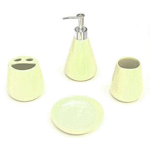 Royal Trading 4 Piece Bathroom Ceramic Accessory Set: Lotion/Liquid Soap Dispenser, Tumbler, Toothbrush Holder, Soap Dish: Cream