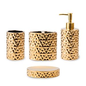 Gold Bathroom Accessory Sets 4 Piece Ceramic Gift Set Apartment Necessities,Includes Soap Dispenser, Toothbrush Holder, Toothbrush Cup, Soap Dish for Decorative Countertop and Housewarming Gift