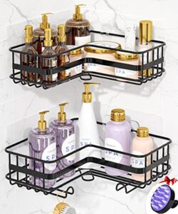 roseyat corner shower caddy shelf basket for shampoo stainless steel, adhesive shower shelf storage organizer, no drilling shower shelves for inside shower rack holder with hooks-2 pack black