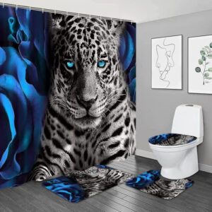 nbvko 4pcs blue rose and leopard shower curtain set with non-slip rugs,toilet lid cover and bath mat,bathroom shower decor accessory set