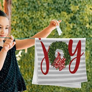 Christmas Wreath Joy to World Hand Bath Towel Winter Cardinal Birds Kitchen Bathroom Faucet Towel White Gray Stripe Fingertip Towel Set Highly Absorbent Guest Shower Towels 16x30 Holiday Decorations