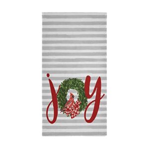 Christmas Wreath Joy to World Hand Bath Towel Winter Cardinal Birds Kitchen Bathroom Faucet Towel White Gray Stripe Fingertip Towel Set Highly Absorbent Guest Shower Towels 16x30 Holiday Decorations