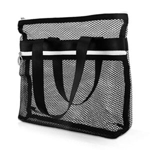 mesh zippered shower bag, polyester large shower tote bag portable bath caddy organizer with handle and 2 storage pockets quickly dry shower bag for dorm room gym camping (black)