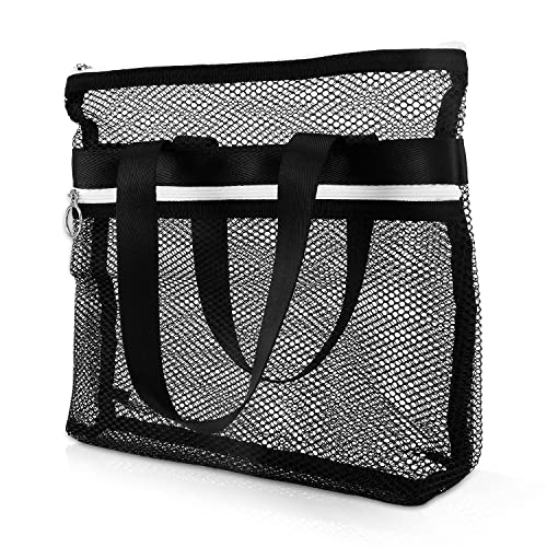 Mesh Zippered Shower Bag, Polyester Large Shower Tote Bag Portable Bath Caddy Organizer with Handle and 2 Storage Pockets Quickly Dry Shower Bag for Dorm Room Gym Camping (Black)