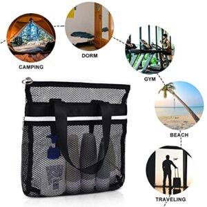 Mesh Zippered Shower Bag, Polyester Large Shower Tote Bag Portable Bath Caddy Organizer with Handle and 2 Storage Pockets Quickly Dry Shower Bag for Dorm Room Gym Camping (Black)